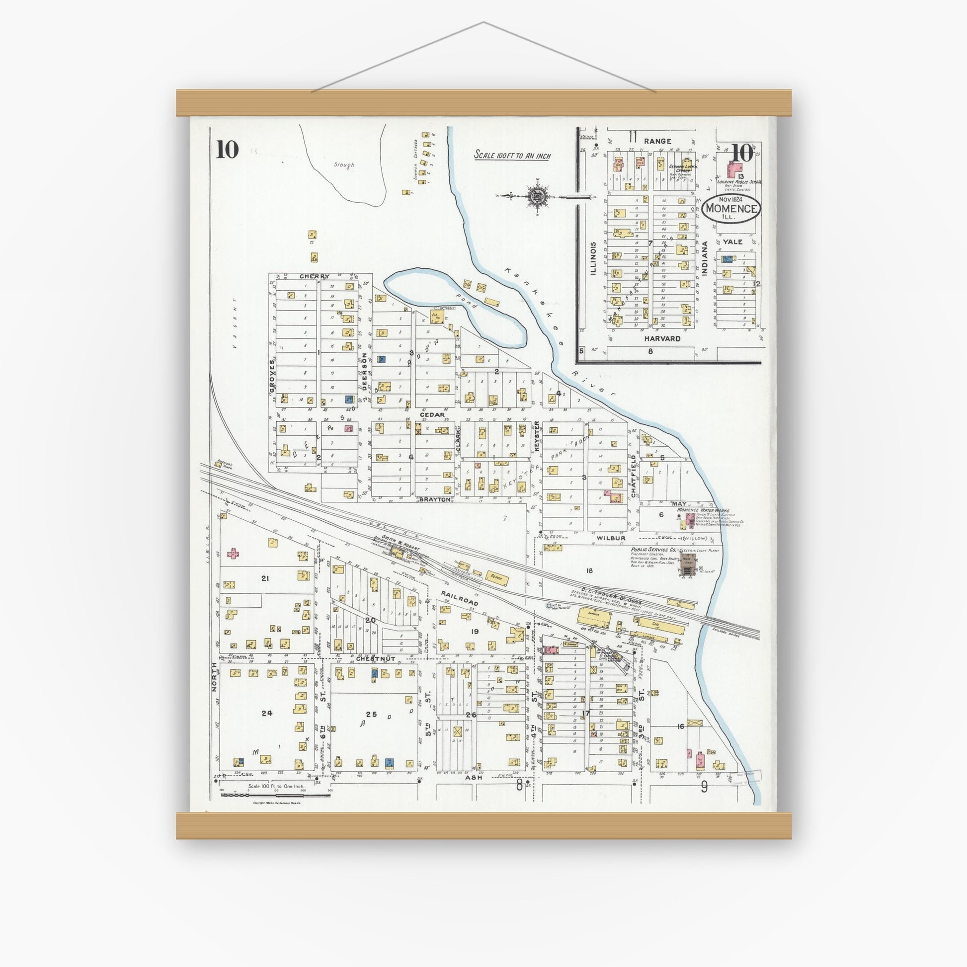 Old map wall art mockup — magnetic wood frame on white wall — Sanborn Fire Insurance Map from Momence, Kankakee County, Illinois (1924), Sheet #0010