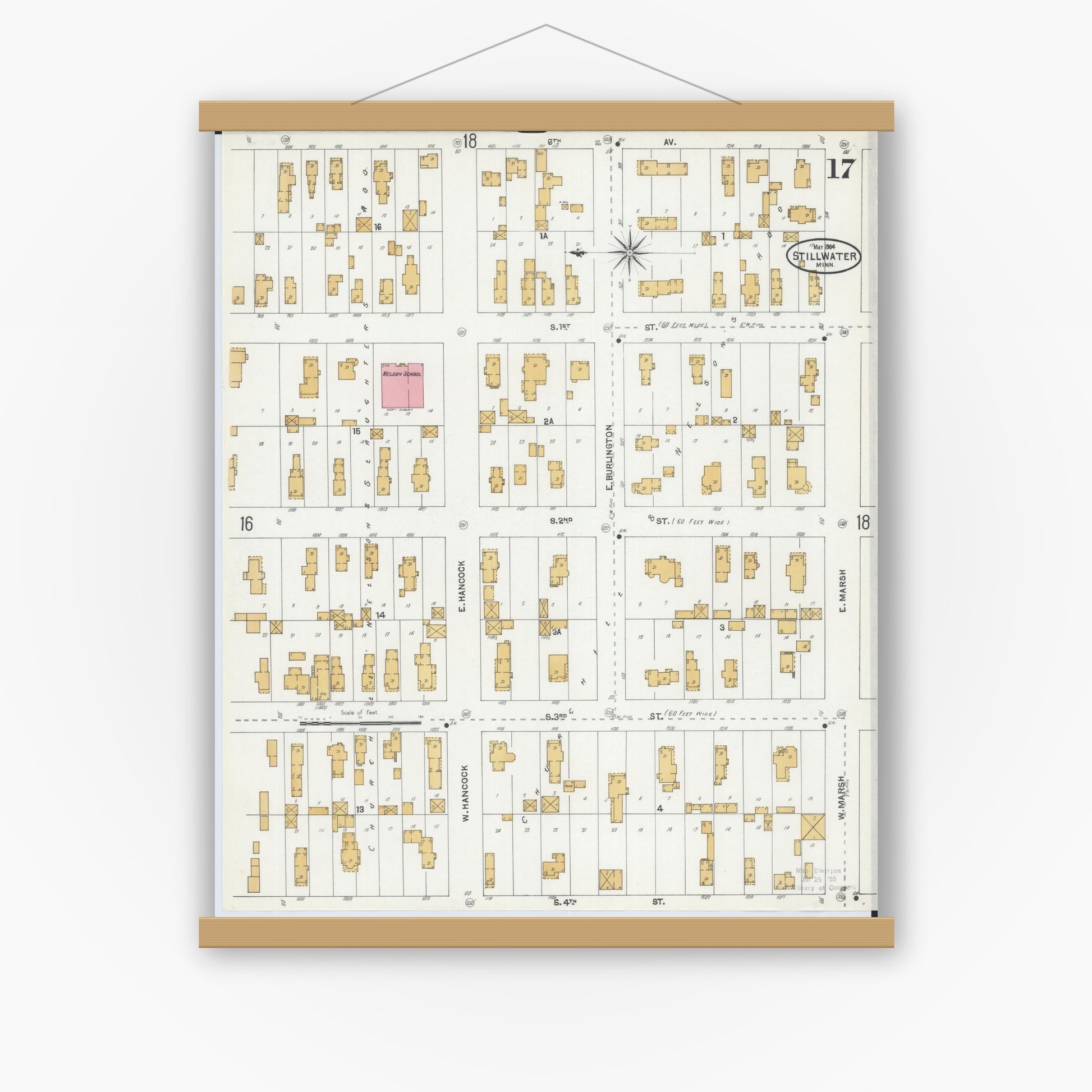 Old map wall art mockup — magnetic wood frame on white wall — Sanborn Fire Insurance Map from Stillwater, Washington County, Minnesota (1904), Sheet #0017