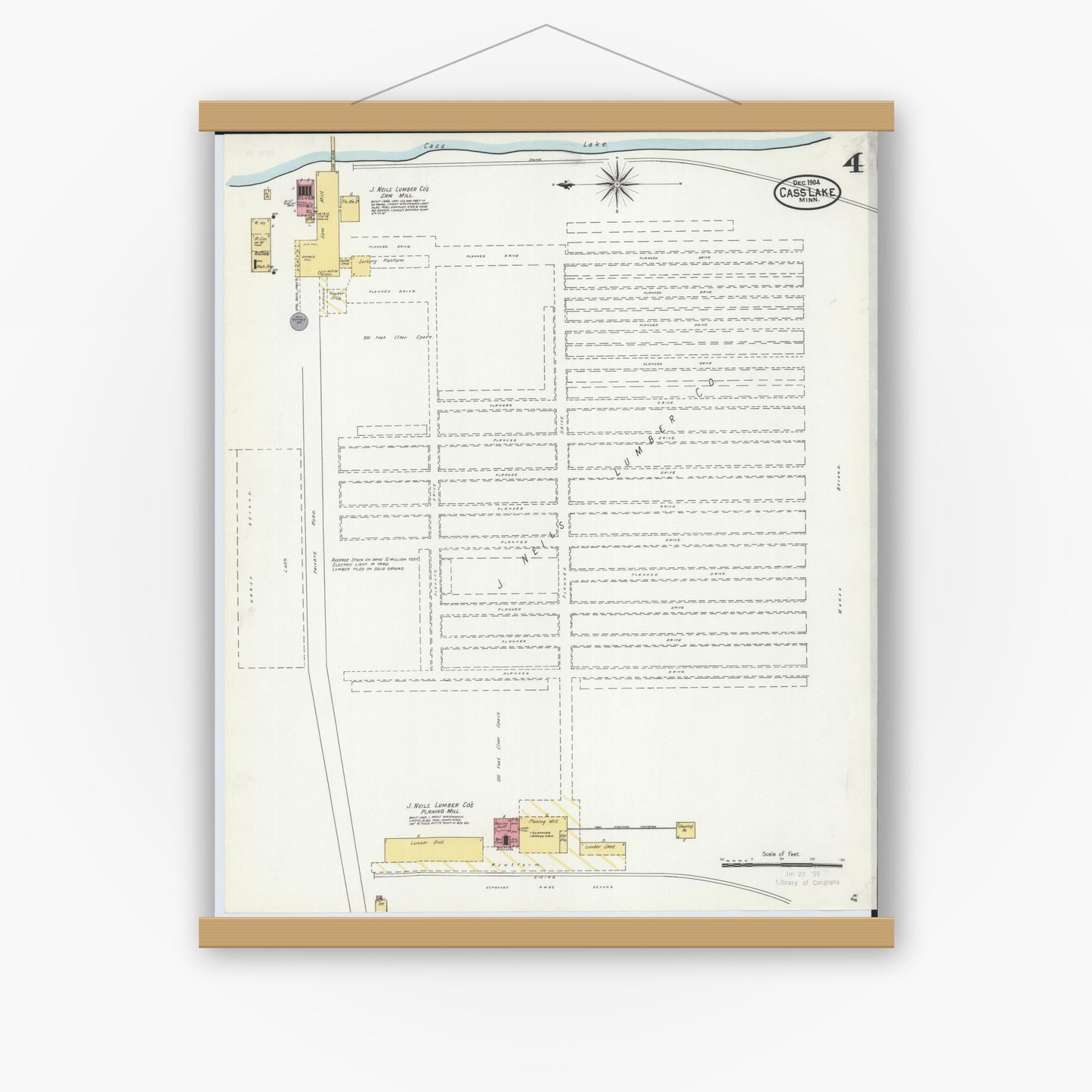 Old map wall art mockup — magnetic wood frame on white wall — Sanborn Fire Insurance Map from Cass Lake, Cass County, Minnesota (1904), Sheet #0004