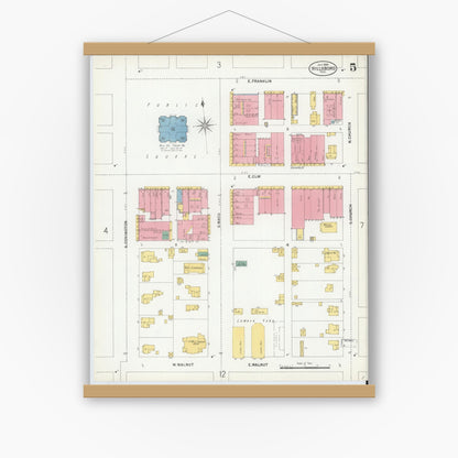 Old map wall art mockup — magnetic wood frame on white wall — Sanborn Fire Insurance Map from Hillsboro, Hill County, Texas (1900), Sheet #0005