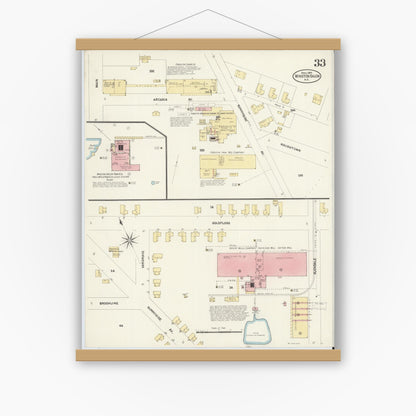 Old map wall art mockup — magnetic wood frame on white wall — Sanborn Fire Insurance Map from Winston-Salem, Forsyth County, North Carolina (1907), Sheet #0033