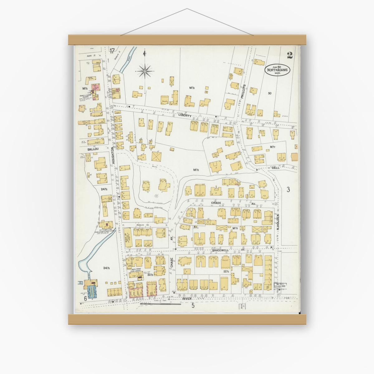 Old map wall art mockup — magnetic wood frame on white wall — Sanborn Fire Insurance Map from North Adams, Berkshire County, Massachusetts (1901), Sheet #0002
