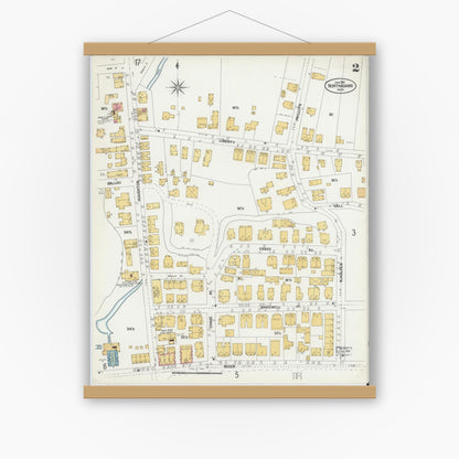 Old map wall art mockup — magnetic wood frame on white wall — Sanborn Fire Insurance Map from North Adams, Berkshire County, Massachusetts (1901), Sheet #0002