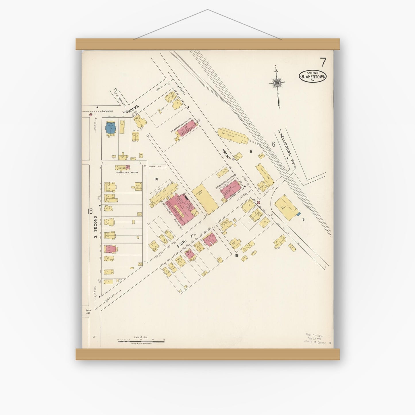 Old map wall art mockup — magnetic wood frame on white wall — Sanborn Fire Insurance Map from Quakertown, Bucks County, Pennsylvania (1922), Sheet #0007