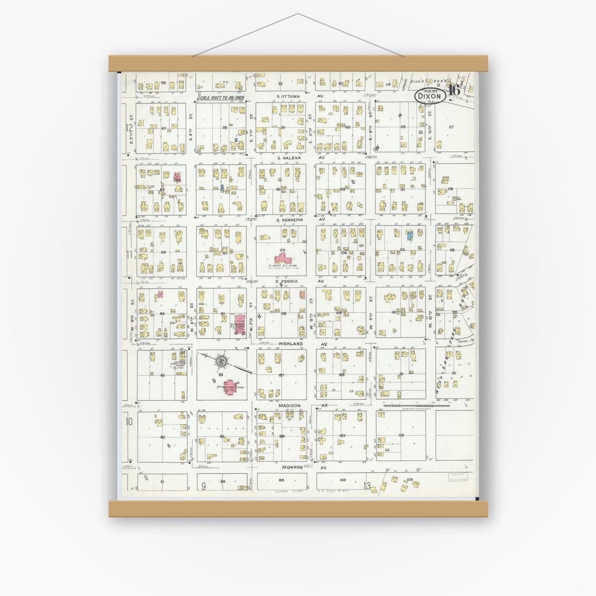 Old map wall art mockup — magnetic wood frame on white wall — Sanborn Fire Insurance Map from Dixon, Lee County, Illinois (1918), Sheet #0016