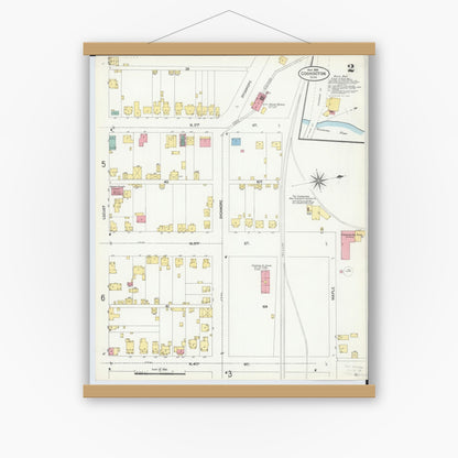 Old map wall art mockup — magnetic wood frame on white wall — Sanborn Fire Insurance Map from Coshocton, Coshocton County, Ohio (1905), Sheet #0002