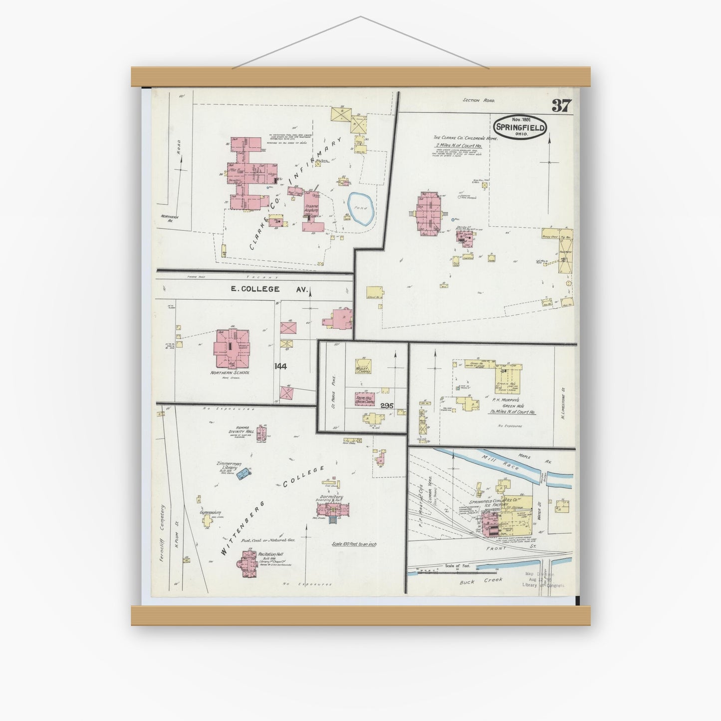 Old map wall art mockup — magnetic wood frame on white wall — Sanborn Fire Insurance Map from Springfield, Clark County, Ohio (1891), Sheet #0037