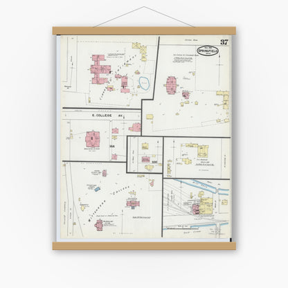 Old map wall art mockup — magnetic wood frame on white wall — Sanborn Fire Insurance Map from Springfield, Clark County, Ohio (1891), Sheet #0037