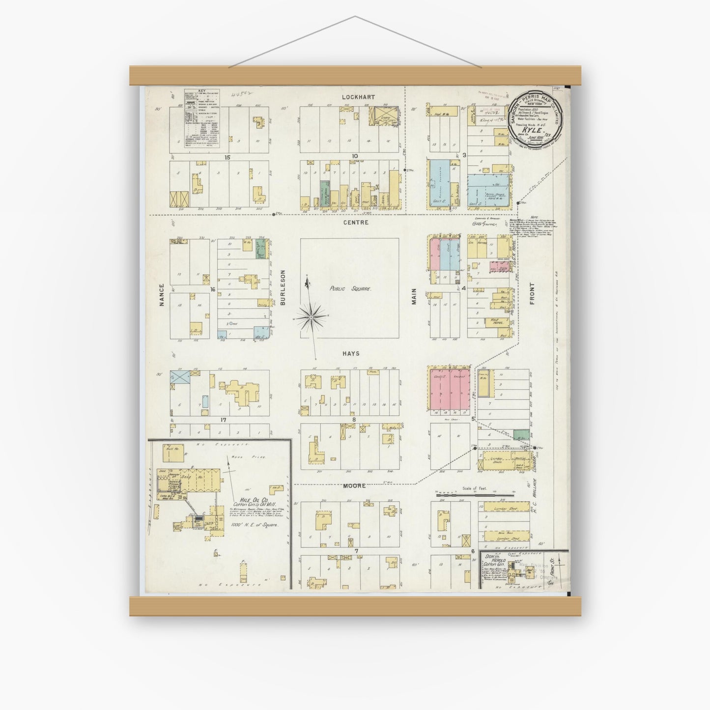 Old map wall art mockup — magnetic wood frame on white wall — Sanborn Fire Insurance Map from Kyle, Hays County, Texas (1896), Sheet #0001
