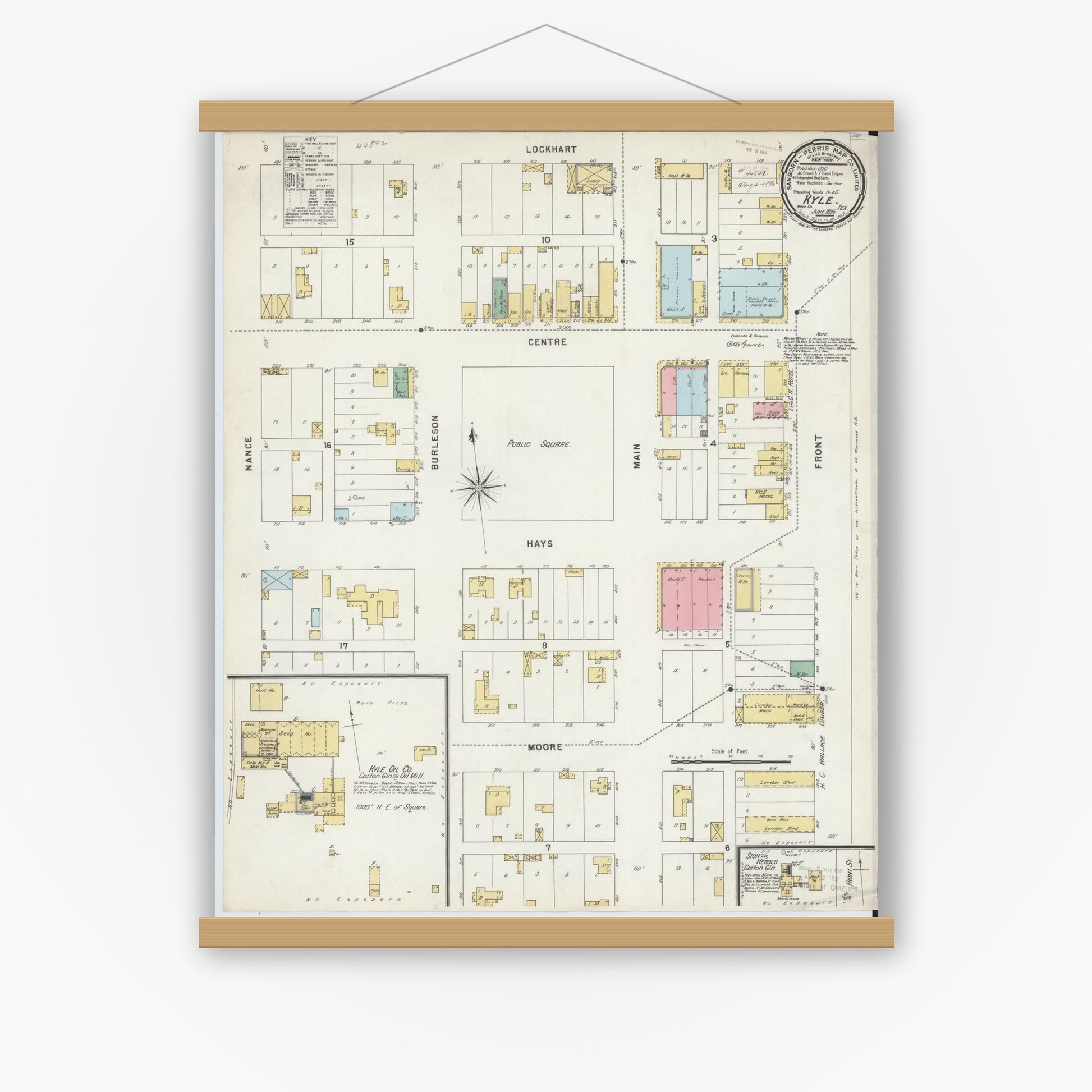 Old map wall art mockup — magnetic wood frame on white wall — Sanborn Fire Insurance Map from Kyle, Hays County, Texas (1896), Sheet #0001