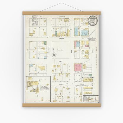 Old map wall art mockup — magnetic wood frame on white wall — Sanborn Fire Insurance Map from Kyle, Hays County, Texas (1896), Sheet #0001