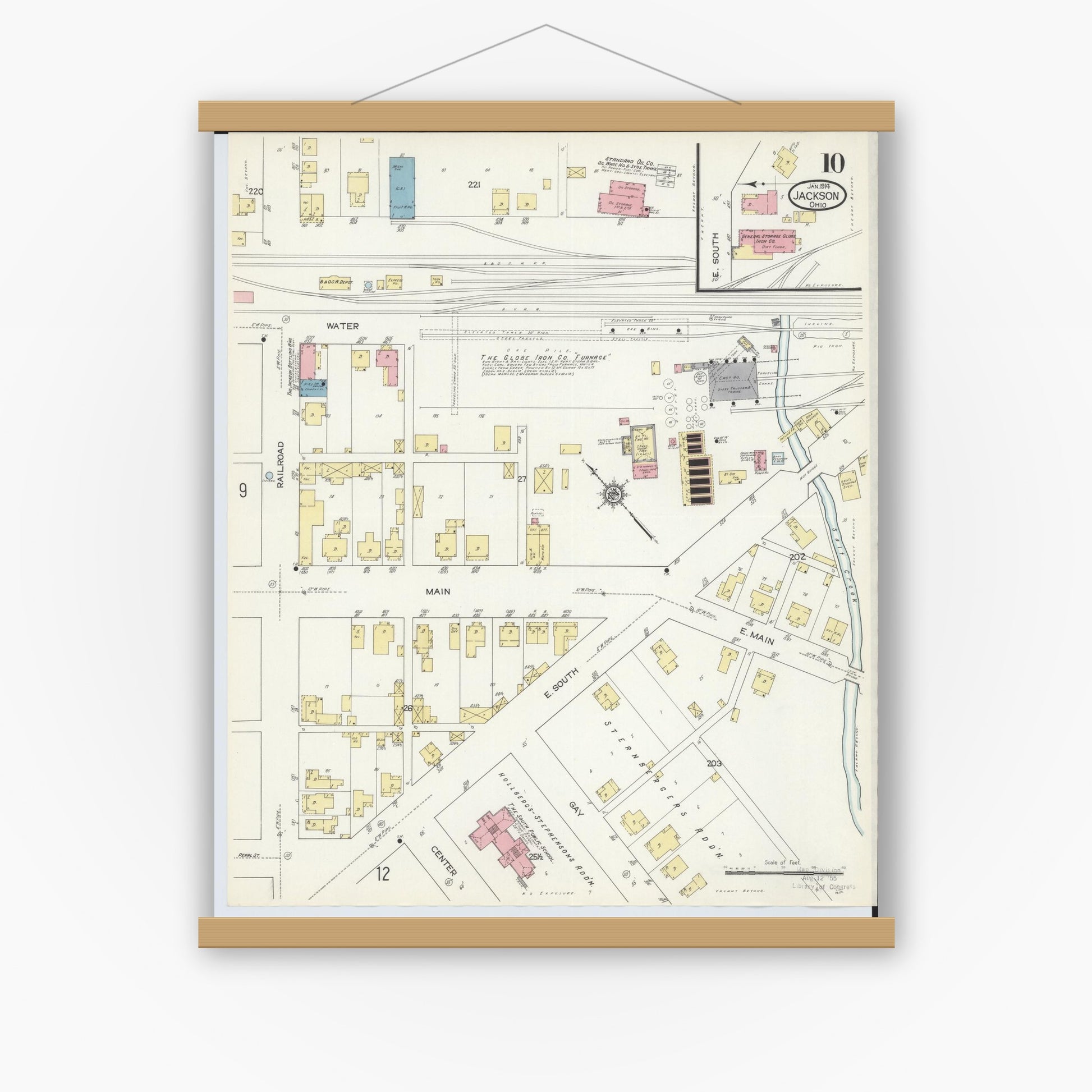Old map wall art mockup — magnetic wood frame on white wall — Sanborn Fire Insurance Map from Jackson, Jackson County, Ohio (1914), Sheet #0010