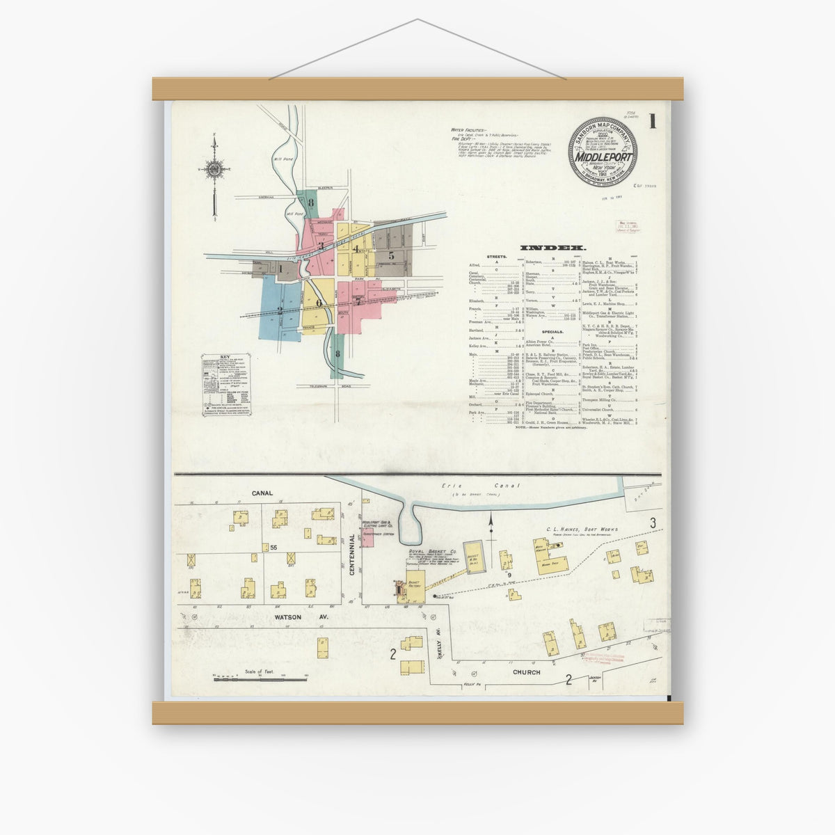 Old map wall art mockup — magnetic wood frame on white wall — Sanborn Fire Insurance Map from Middleport, Niagara County, New York (1911) - Complete Map Set