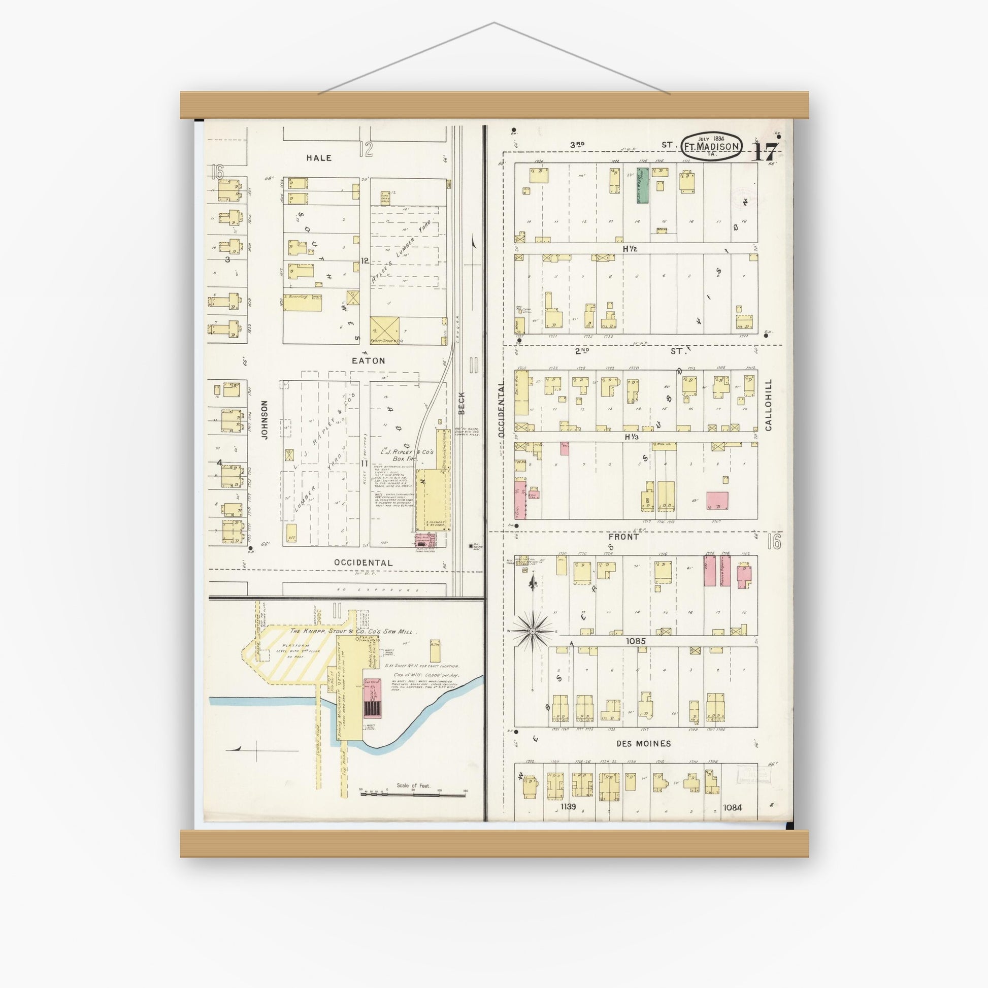 Old map wall art mockup — magnetic wood frame on white wall — Sanborn Fire Insurance Map from Fort Madison, Lee County, Iowa (1894), Sheet #0017