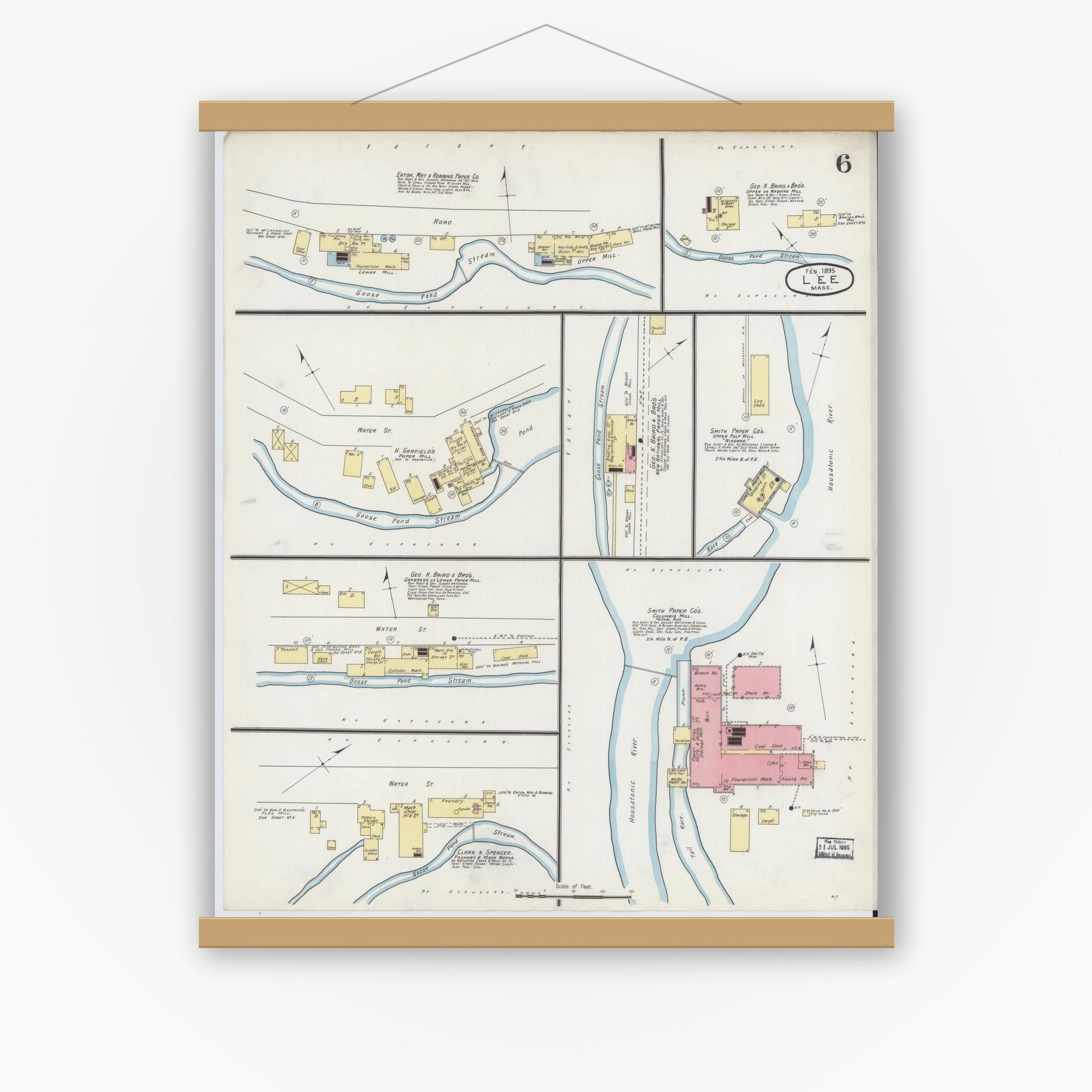 Old map wall art mockup — magnetic wood frame on white wall — Sanborn Fire Insurance Map from Lee, Berkshire County, Massachusetts (1895), Sheet #0006