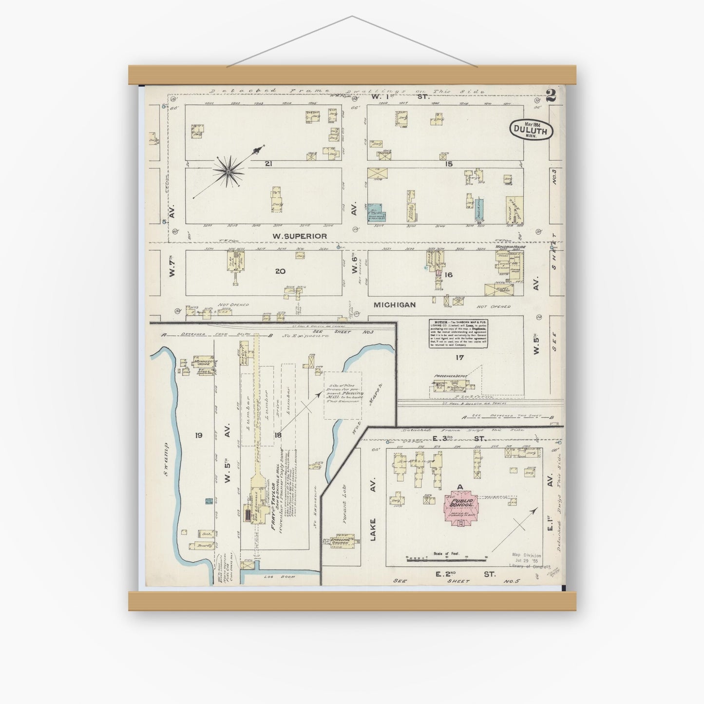 Old map wall art mockup — magnetic wood frame on white wall — Sanborn Fire Insurance Map from Duluth, Saint Louis County, Minnesota (1884), Sheet #0002