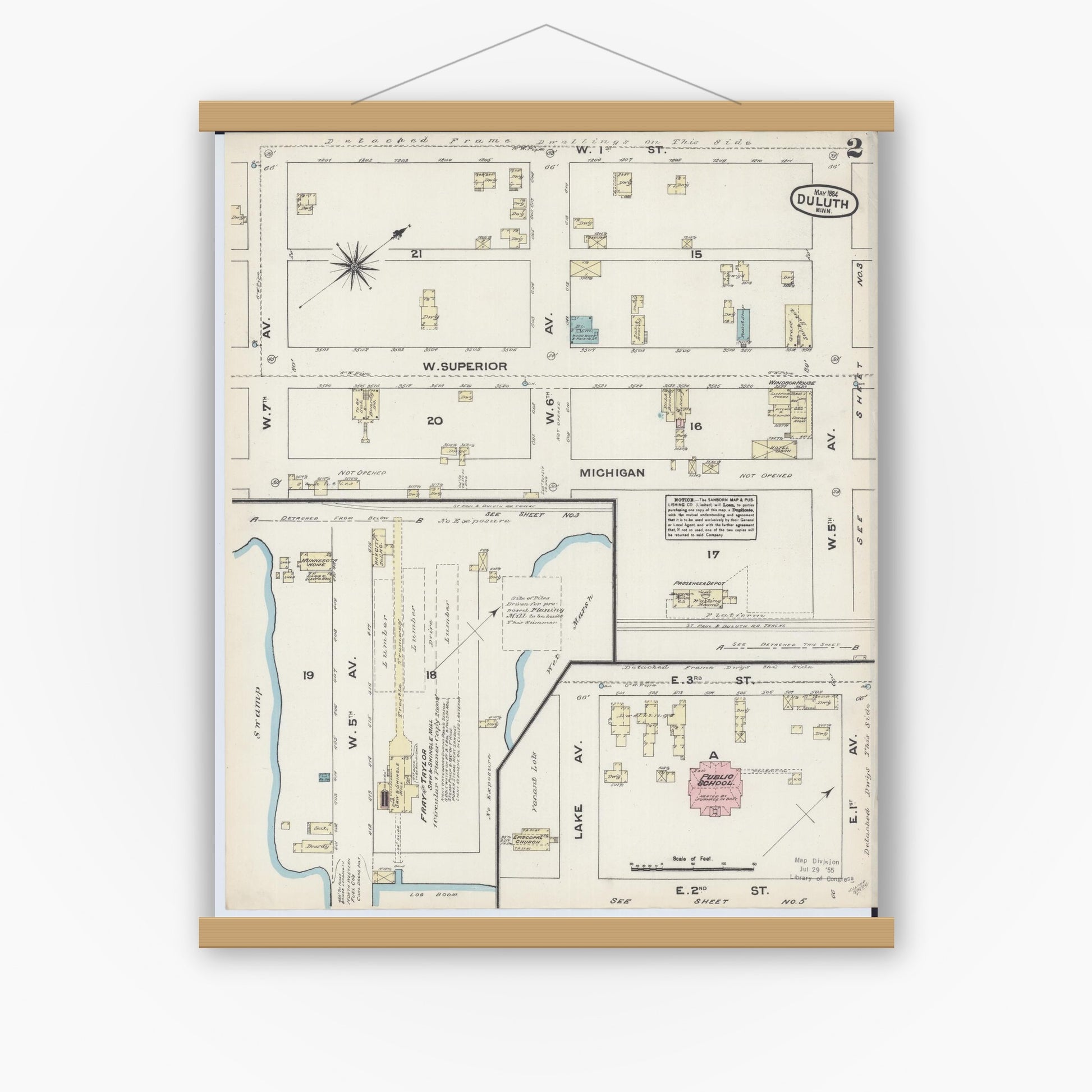 Old map wall art mockup — magnetic wood frame on white wall — Sanborn Fire Insurance Map from Duluth, Saint Louis County, Minnesota (1884), Sheet #0002