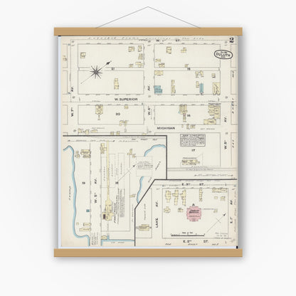 Old map wall art mockup — magnetic wood frame on white wall — Sanborn Fire Insurance Map from Duluth, Saint Louis County, Minnesota (1884), Sheet #0002