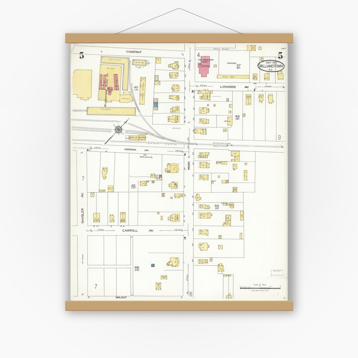 Old map wall art mockup — magnetic wood frame on white wall — Sanborn Fire Insurance Map from Williamstown, Gloucester County, New Jersey (1923), Sheet #0005