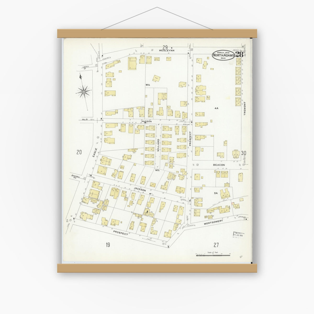 Old map wall art mockup — magnetic wood frame on white wall — Sanborn Fire Insurance Map from North Adams, Berkshire County, Massachusetts (1908), Sheet #0028
