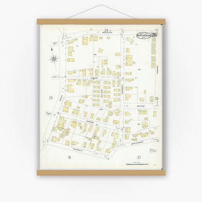 Old map wall art mockup — magnetic wood frame on white wall — Sanborn Fire Insurance Map from North Adams, Berkshire County, Massachusetts (1908), Sheet #0028