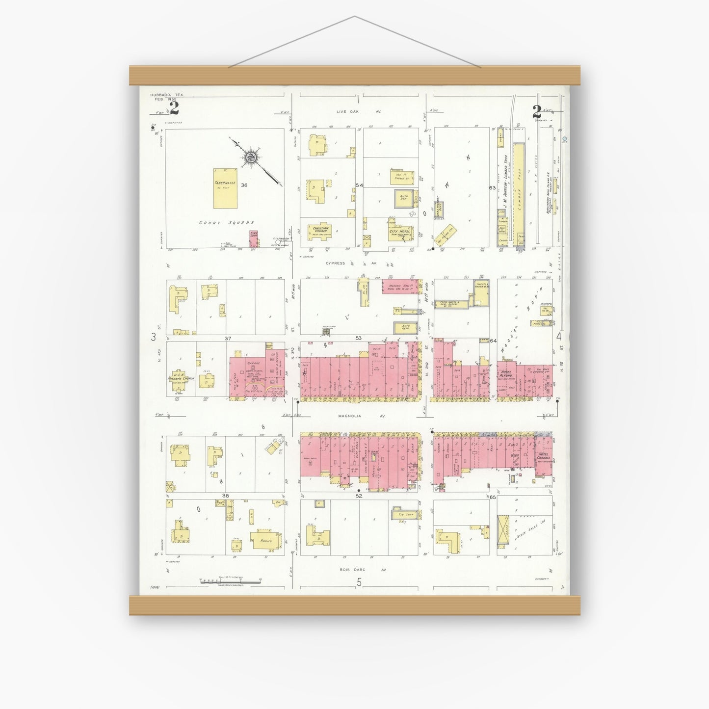 Old map wall art mockup — magnetic wood frame on white wall — Sanborn Fire Insurance Map from Hubbard, Hill County, Texas (1935), Sheet #0002