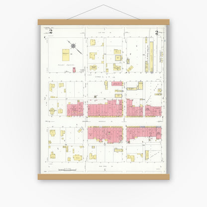 Old map wall art mockup — magnetic wood frame on white wall — Sanborn Fire Insurance Map from Hubbard, Hill County, Texas (1935), Sheet #0002