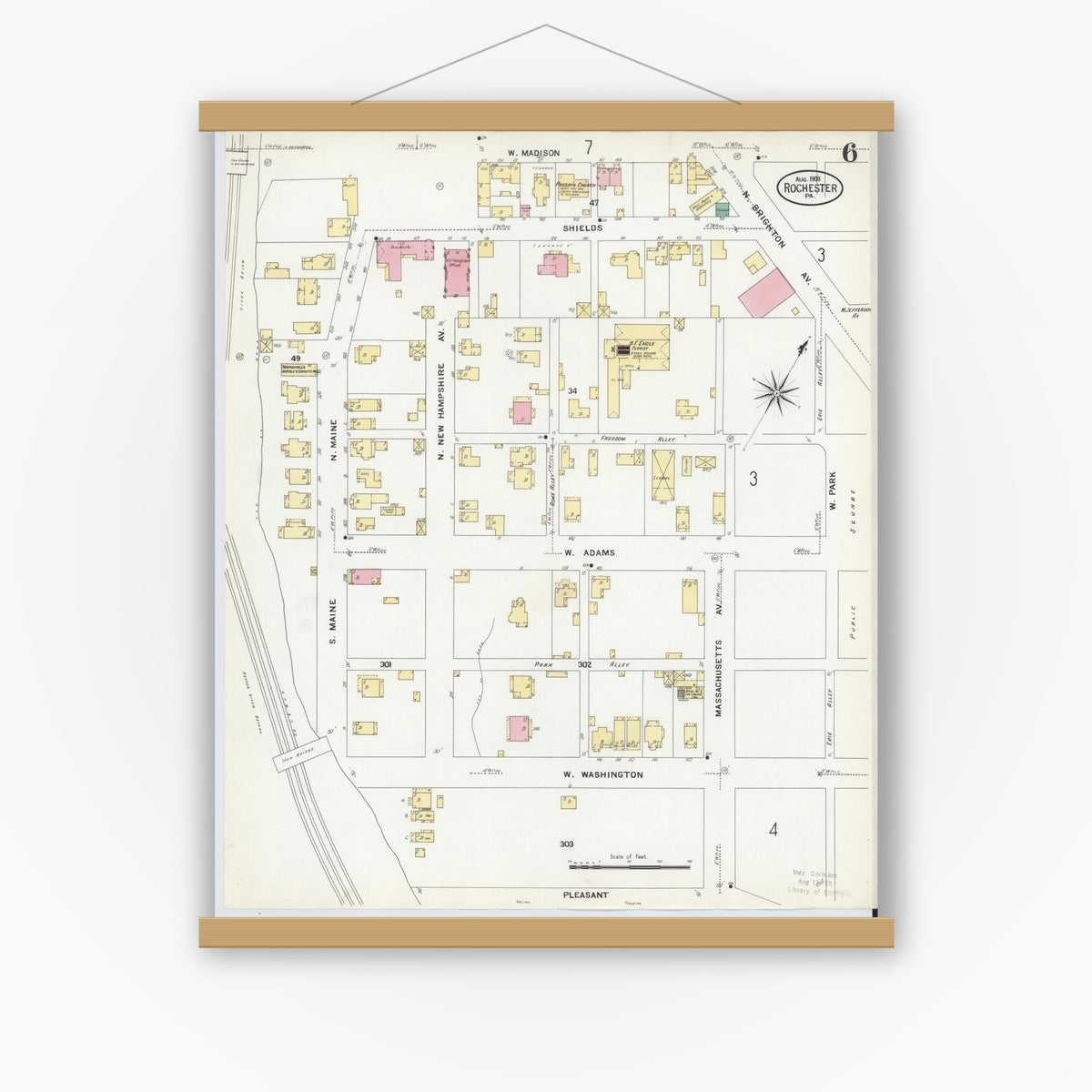 Old map wall art mockup — magnetic wood frame on white wall — Sanborn Fire Insurance Map from Rochester, Beaver County, Pennsylvania (1908), Sheet #0006