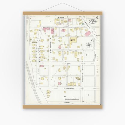 Old map wall art mockup — magnetic wood frame on white wall — Sanborn Fire Insurance Map from Rochester, Beaver County, Pennsylvania (1908), Sheet #0006
