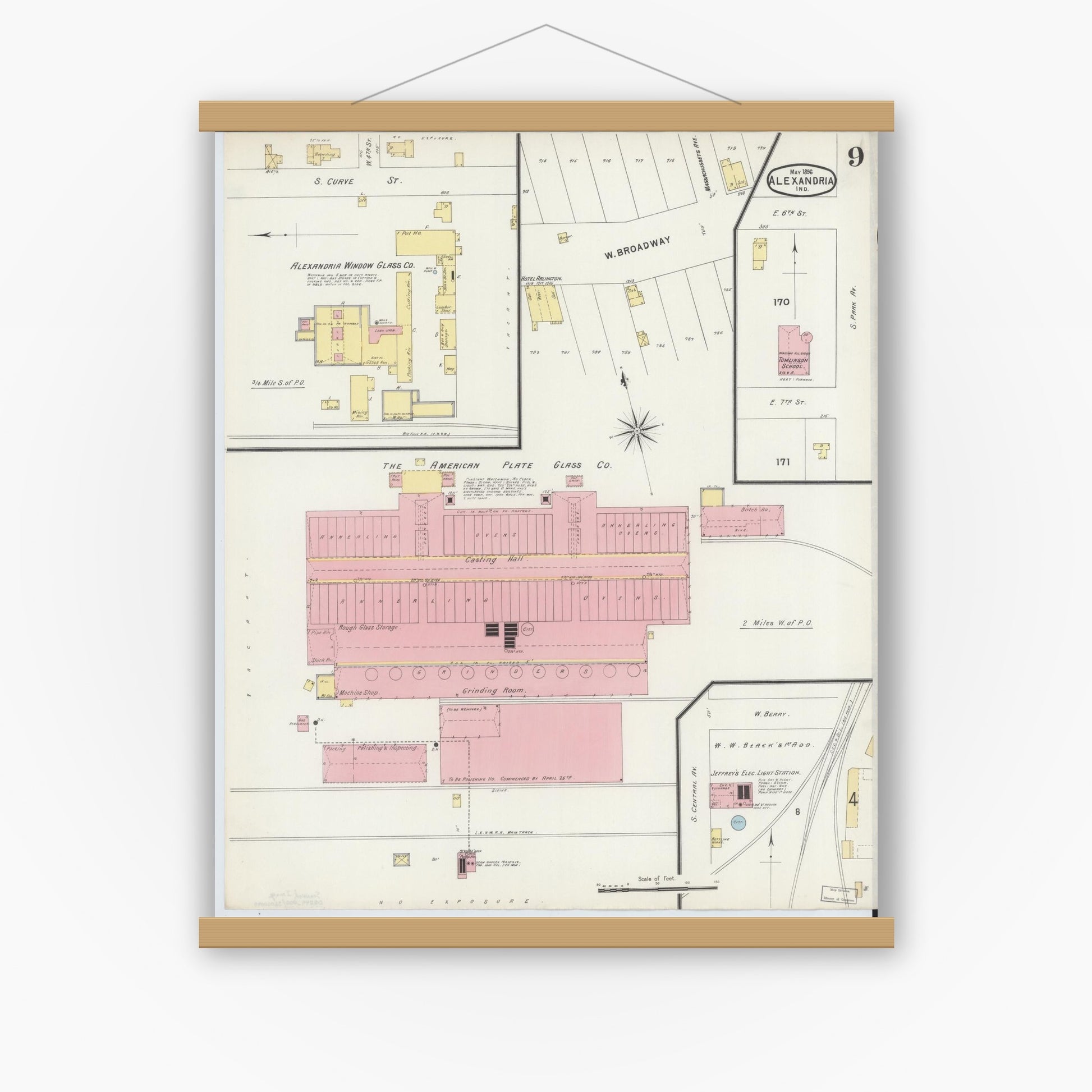 Old map wall art mockup — magnetic wood frame on white wall — Sanborn Fire Insurance Map from Alexandria, Madison County, Indiana (1896), Sheet #0009