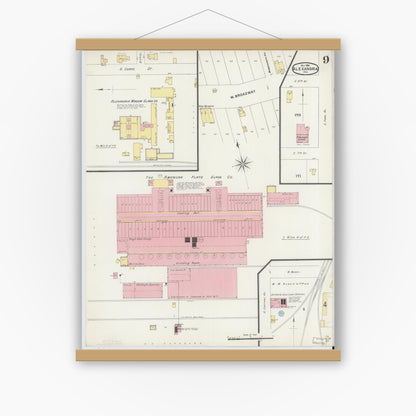 Old map wall art mockup — magnetic wood frame on white wall — Sanborn Fire Insurance Map from Alexandria, Madison County, Indiana (1896), Sheet #0009