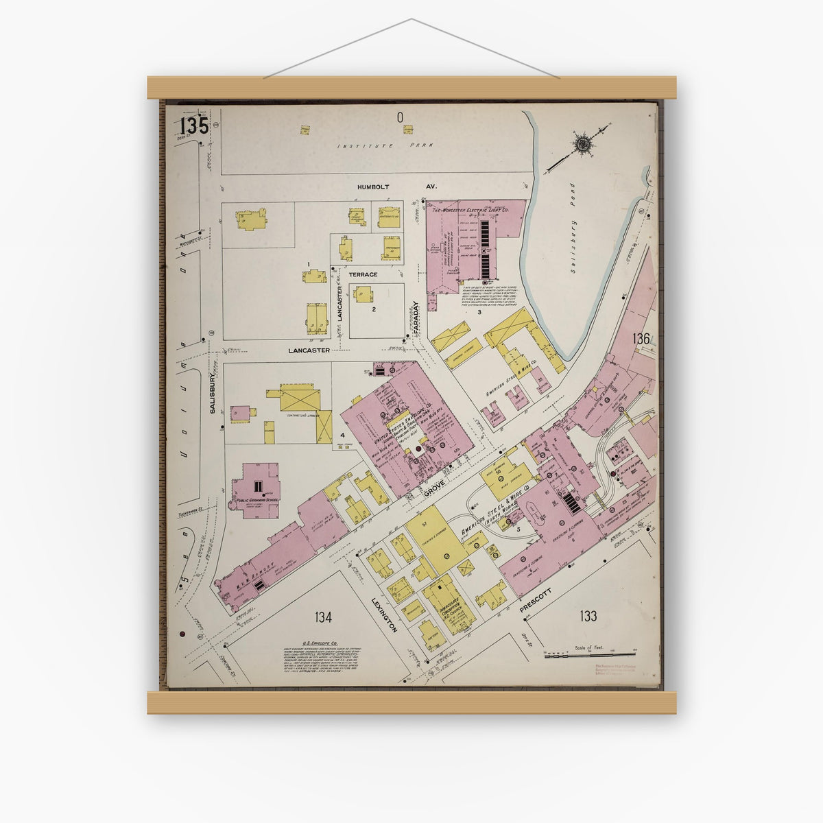 Old map wall art mockup — magnetic wood frame on white wall — Sanborn Fire Insurance Map from Worcester, Worcester County, Massachusetts (1910), Sheet #0135