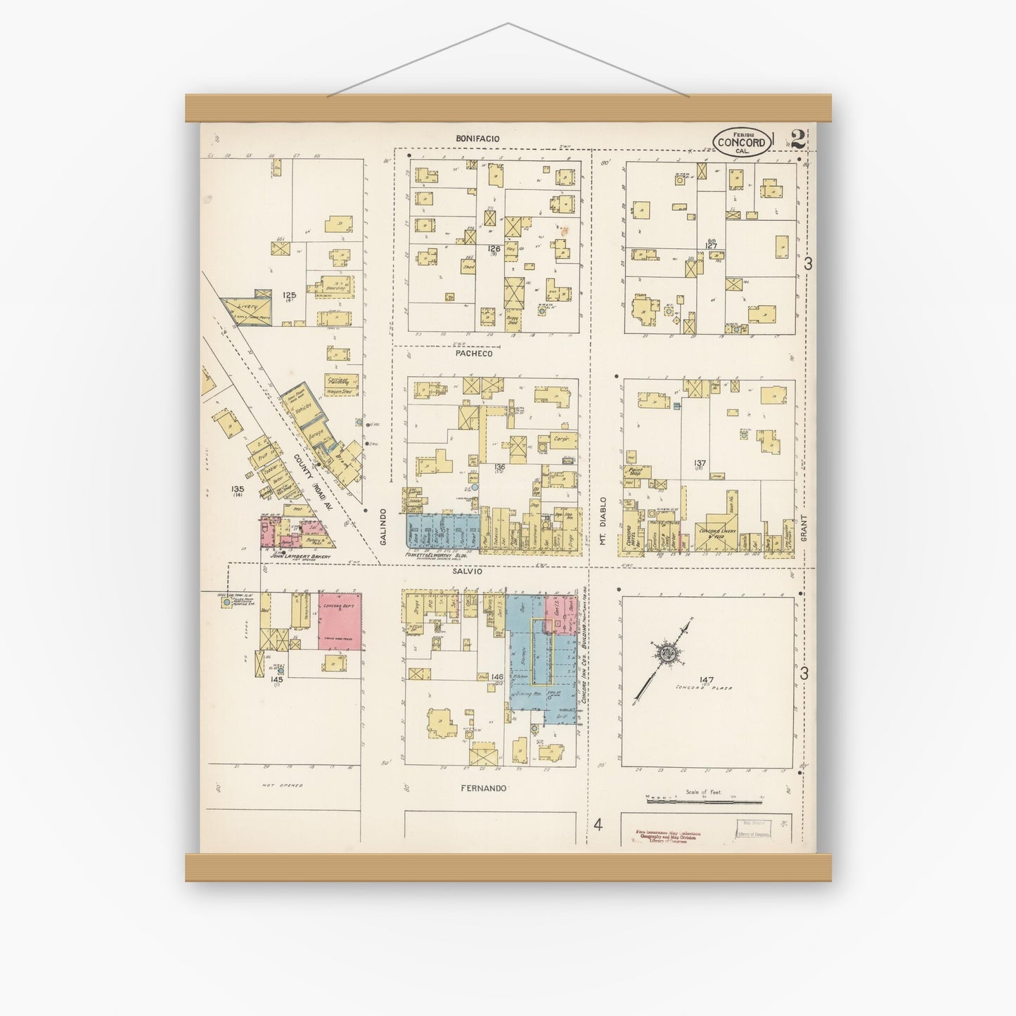 Old map wall art mockup — magnetic wood frame on white wall — Sanborn Fire Insurance Map from Concord, Contra Costa County, California (1912), Sheet #0002
