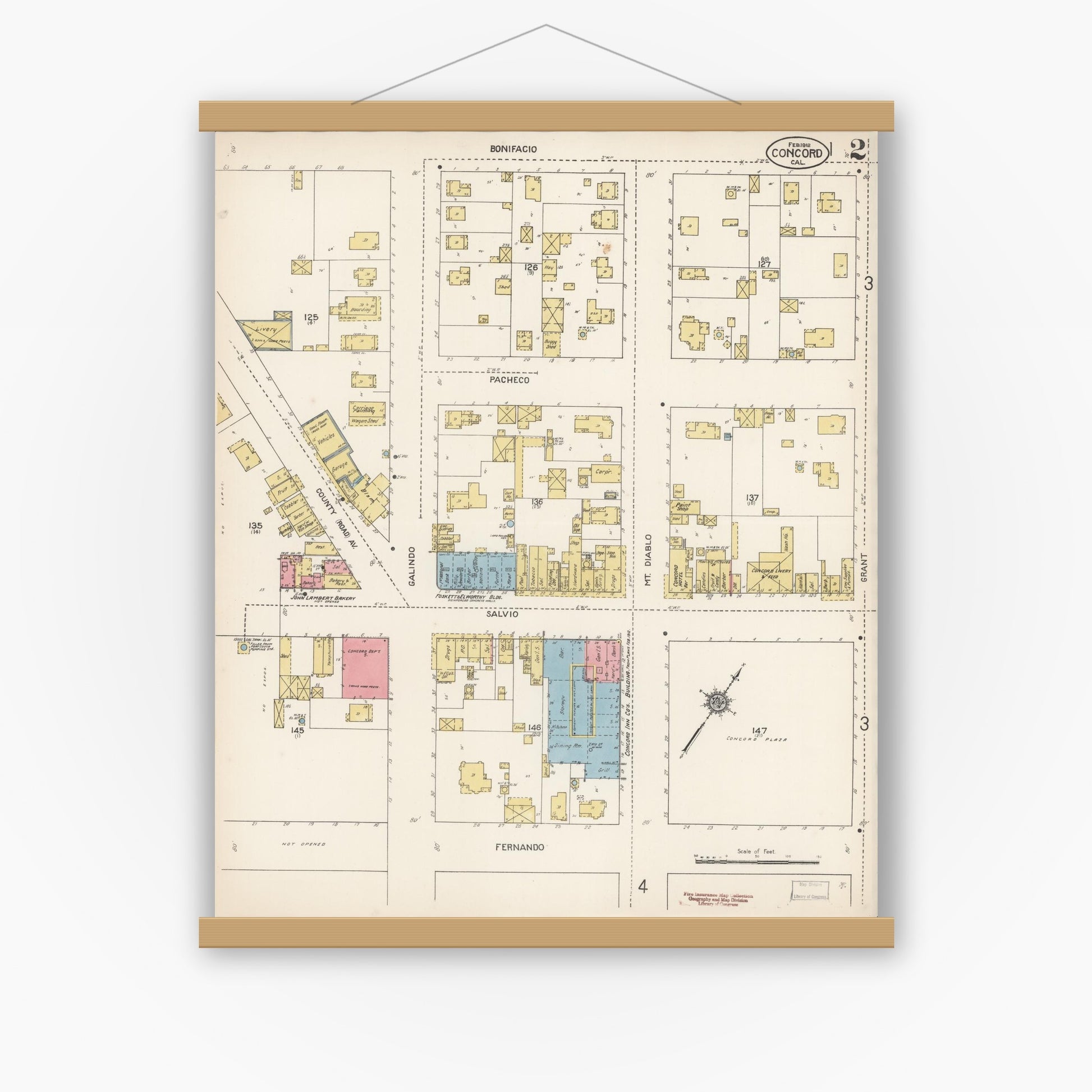Old map wall art mockup — magnetic wood frame on white wall — Sanborn Fire Insurance Map from Concord, Contra Costa County, California (1912), Sheet #0002