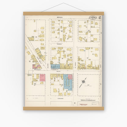 Old map wall art mockup — magnetic wood frame on white wall — Sanborn Fire Insurance Map from Concord, Contra Costa County, California (1912), Sheet #0002