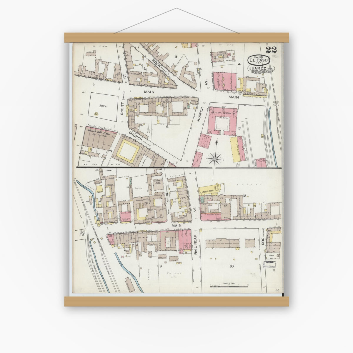 Old map wall art mockup — magnetic wood frame on white wall — Sanborn Fire Insurance Map from El Paso, El Paso County, Texas (1893), Sheet #0022