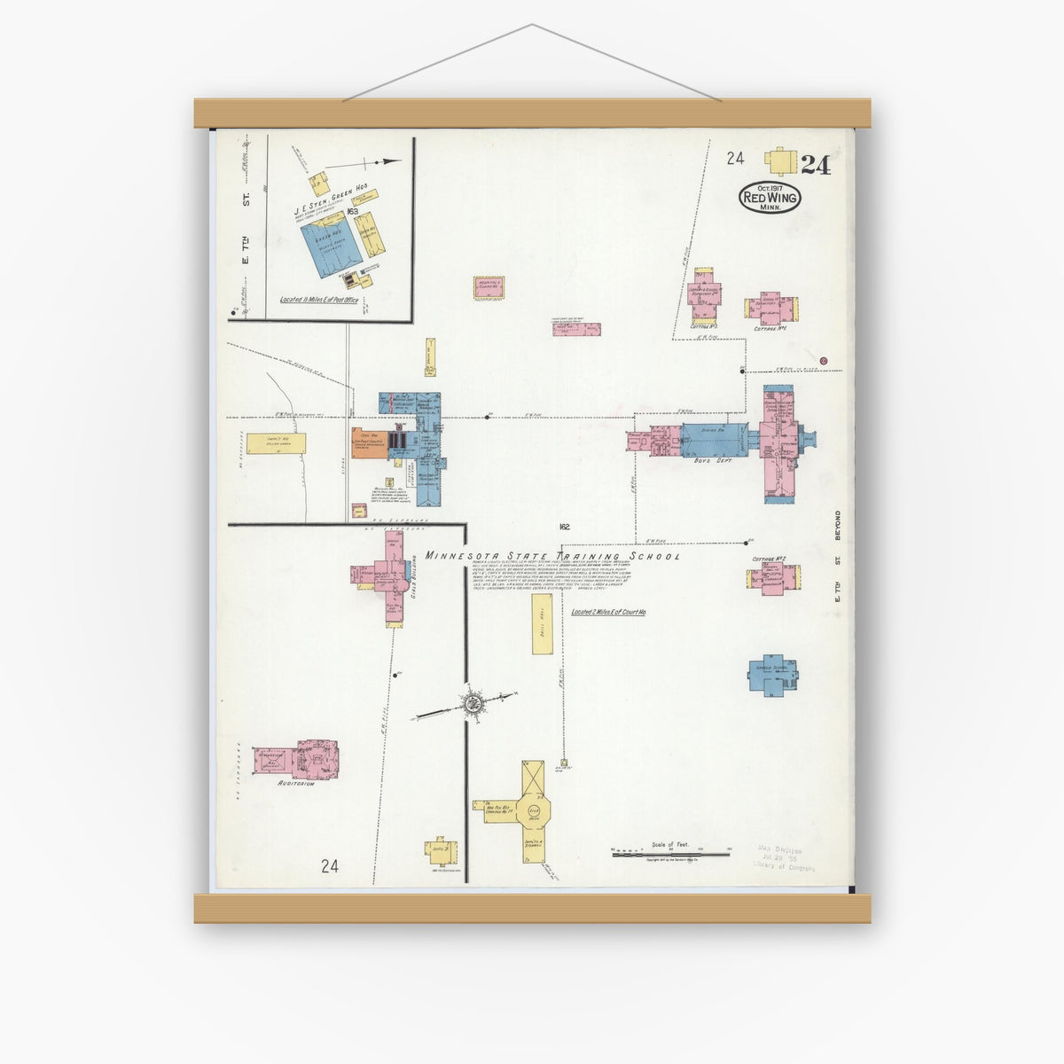 Old map wall art mockup — magnetic wood frame on white wall — Sanborn Fire Insurance Map from Red Wing, Goodhue County, Minnesota (1917), Sheet #0024