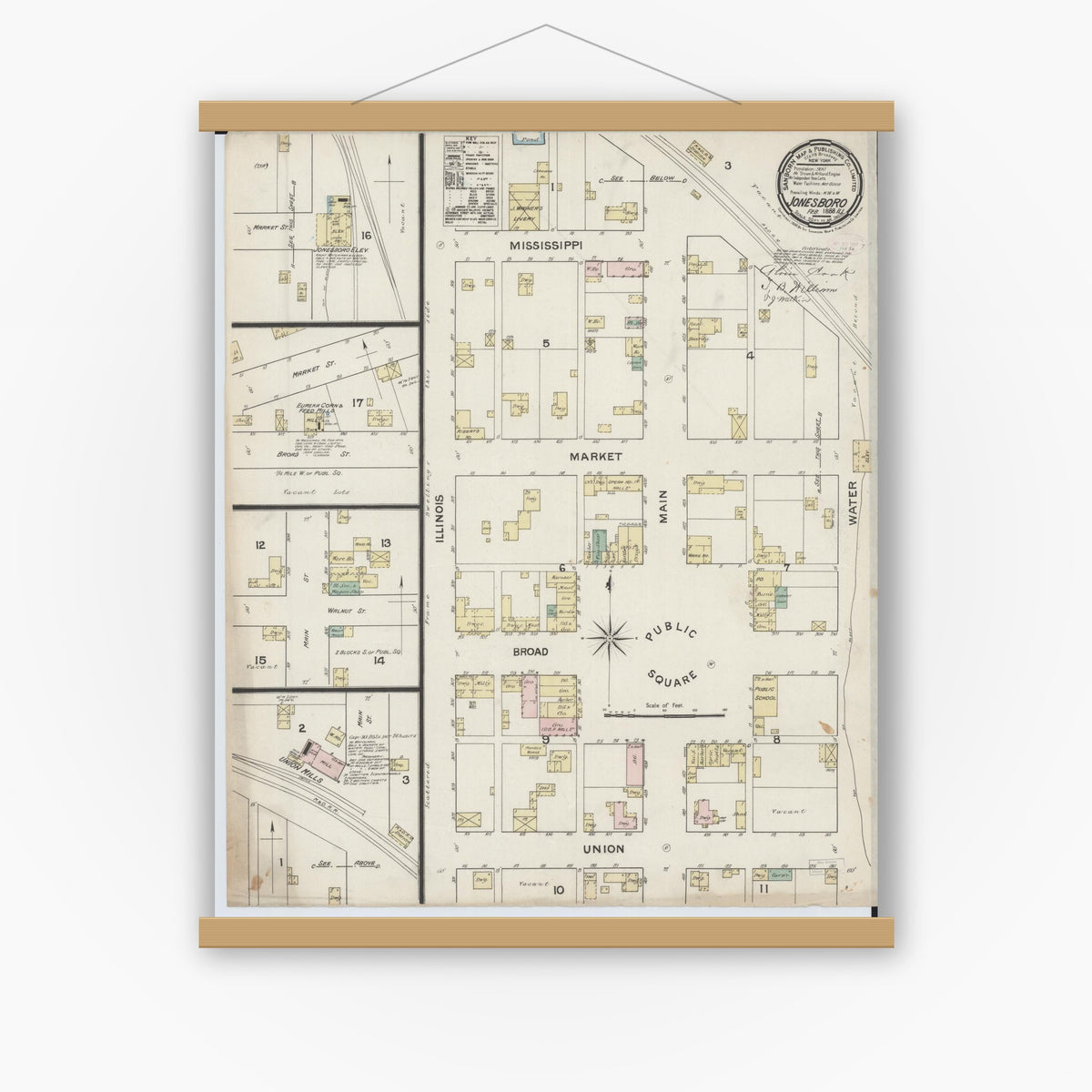 Old map wall art mockup — magnetic wood frame on white wall — Sanborn Fire Insurance Map from Jonesboro, Union County, Illinois (1888), Sheet #0001