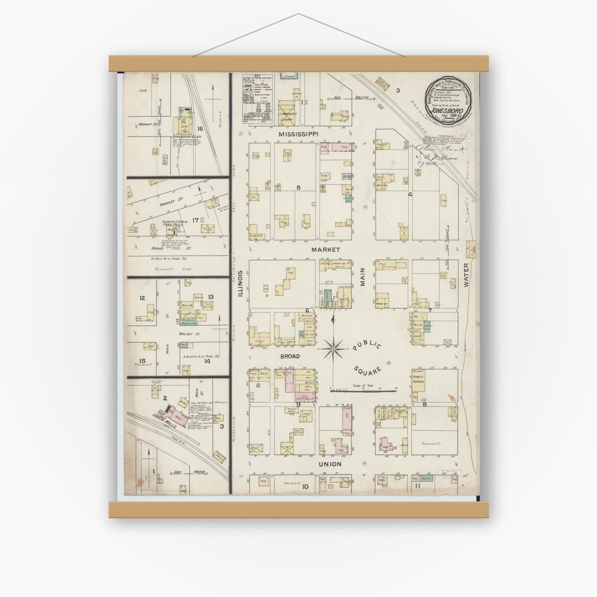 Old map wall art mockup — magnetic wood frame on white wall — Sanborn Fire Insurance Map from Jonesboro, Union County, Illinois (1888), Sheet #0001