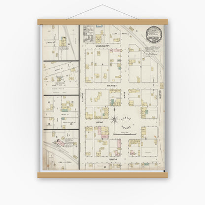 Old map wall art mockup — magnetic wood frame on white wall — Sanborn Fire Insurance Map from Jonesboro, Union County, Illinois (1888), Sheet #0001