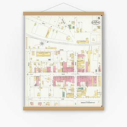 Old map wall art mockup — magnetic wood frame on white wall — Sanborn Fire Insurance Map from Blackstone, Nottoway County, Virginia (1908), Sheet #0003