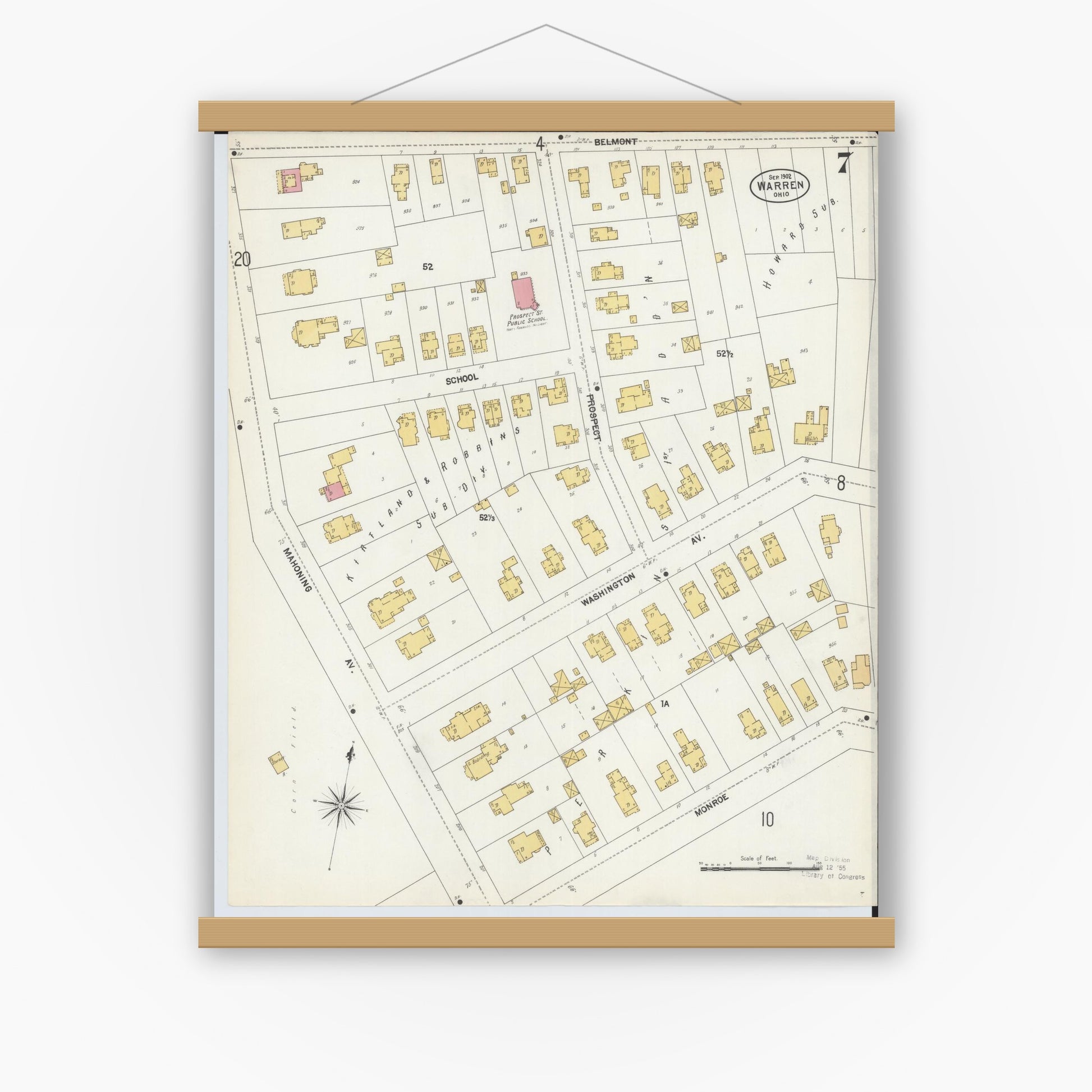Old map wall art mockup — magnetic wood frame on white wall — Sanborn Fire Insurance Map from Warren, Trumbull County, Ohio (1902), Sheet #0007