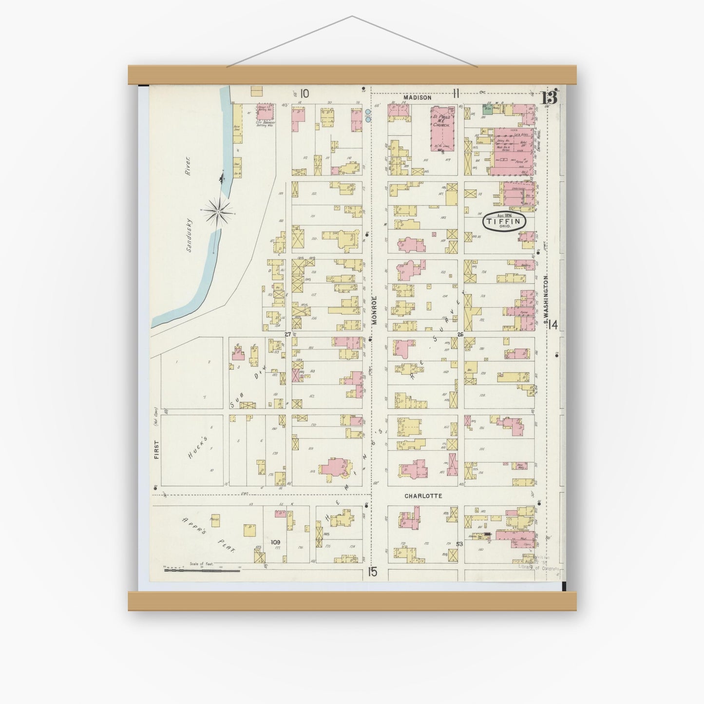 Old map wall art mockup — magnetic wood frame on white wall — Sanborn Fire Insurance Map from Tiffin, Seneca County, Ohio (1896), Sheet #0013