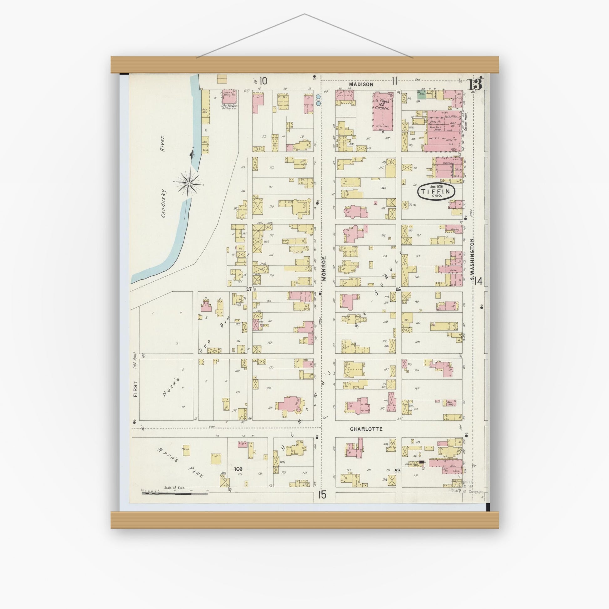 Old map wall art mockup — magnetic wood frame on white wall — Sanborn Fire Insurance Map from Tiffin, Seneca County, Ohio (1896), Sheet #0013