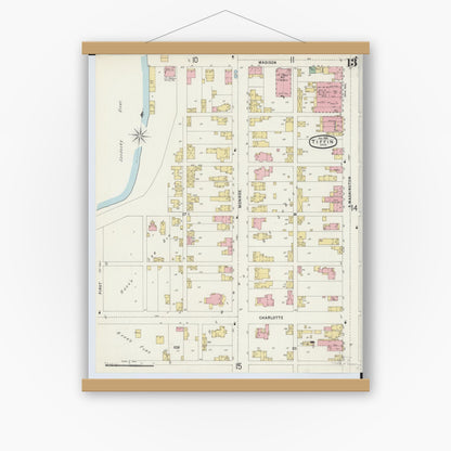Old map wall art mockup — magnetic wood frame on white wall — Sanborn Fire Insurance Map from Tiffin, Seneca County, Ohio (1896), Sheet #0013