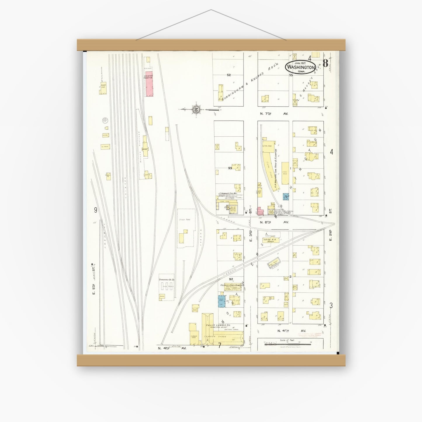 Old map wall art mockup — magnetic wood frame on white wall — Sanborn Fire Insurance Map from Washington, Washington County, Iowa (1917), Sheet #0008