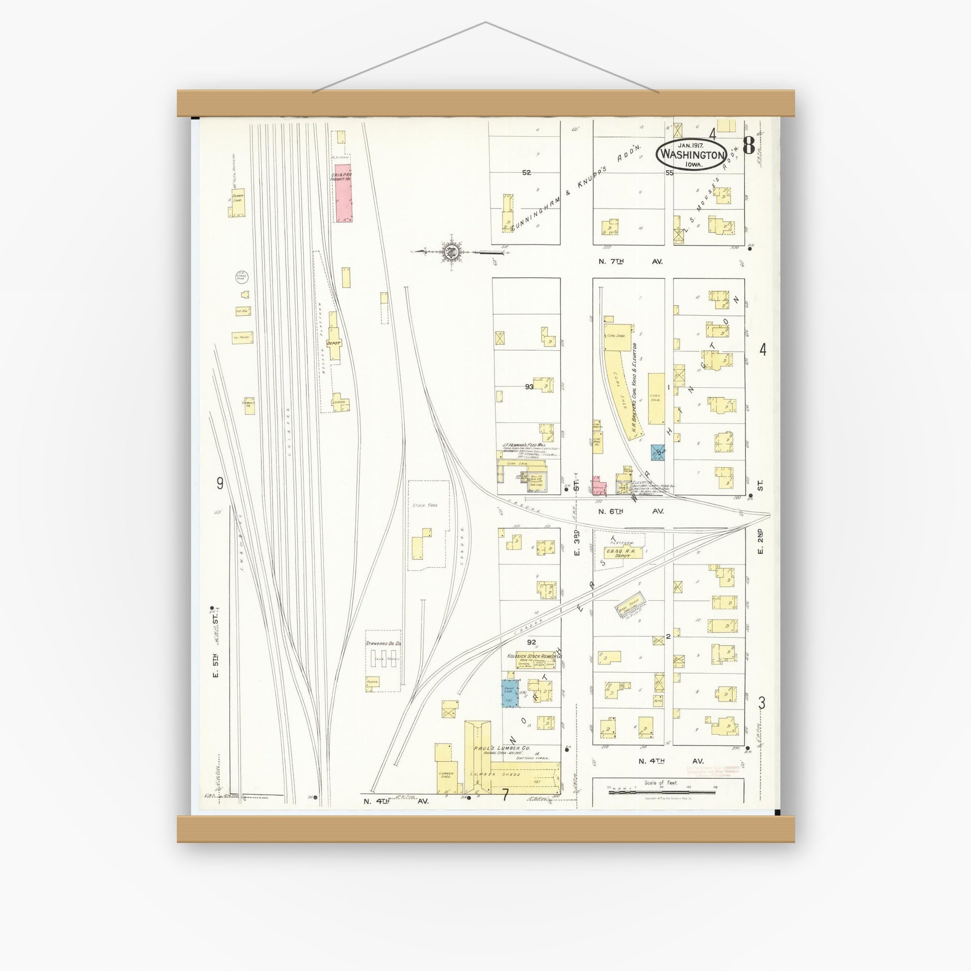 Old map wall art mockup — magnetic wood frame on white wall — Sanborn Fire Insurance Map from Washington, Washington County, Iowa (1917), Sheet #0008