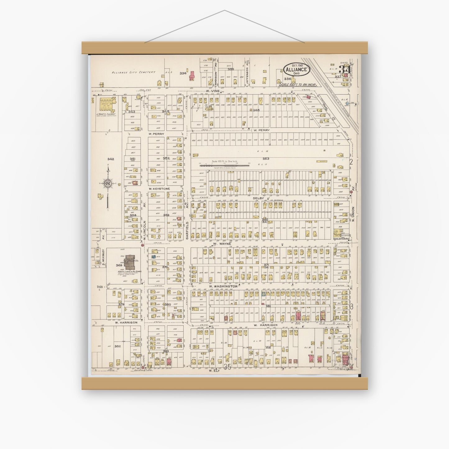 Old map wall art mockup — magnetic wood frame on white wall — Sanborn Fire Insurance Map from Alliance, Stark County, Ohio (1921), Sheet #0034