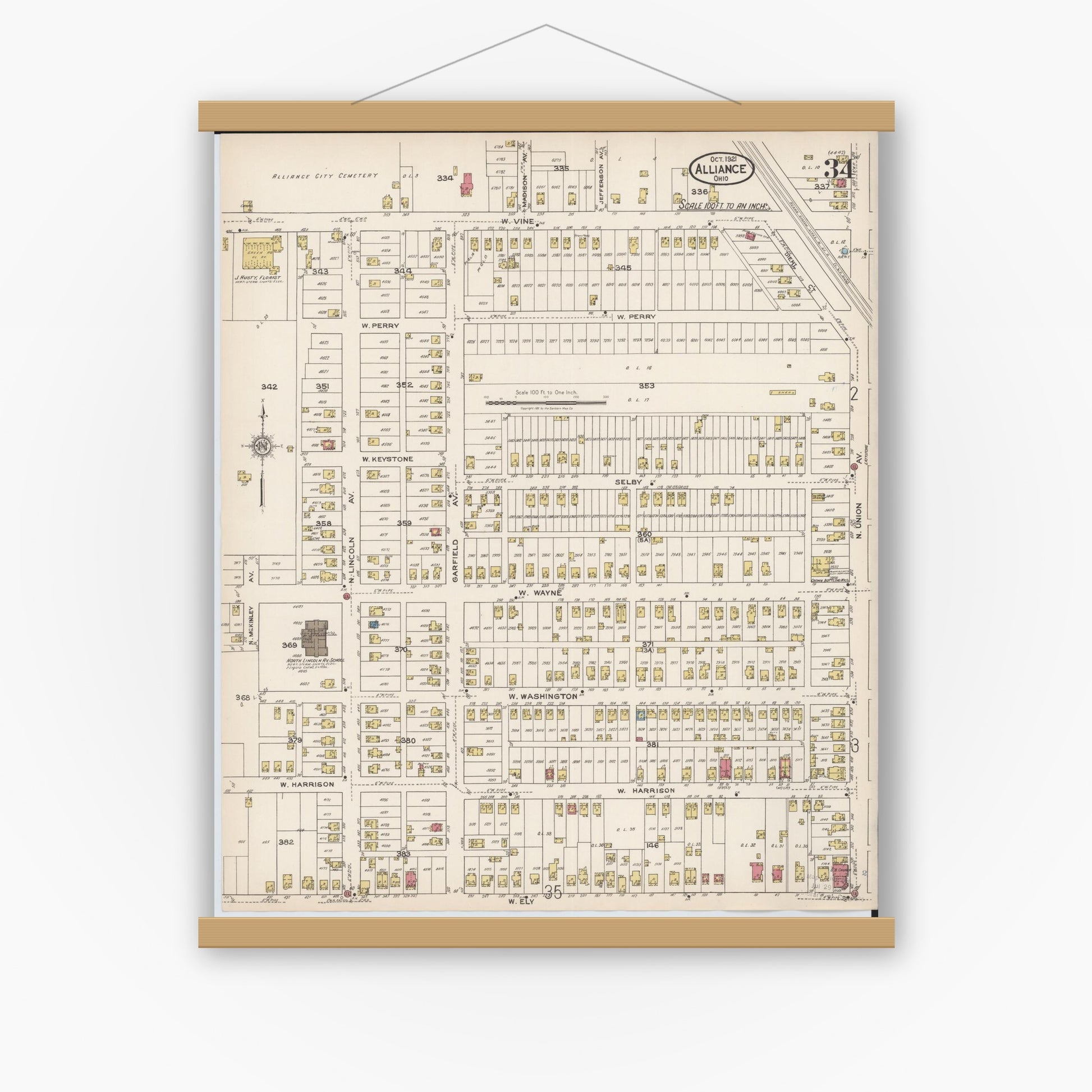 Old map wall art mockup — magnetic wood frame on white wall — Sanborn Fire Insurance Map from Alliance, Stark County, Ohio (1921), Sheet #0034