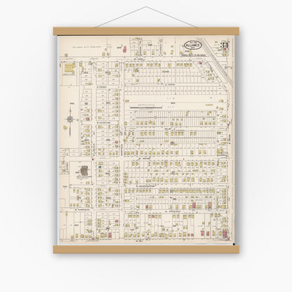 Old map wall art mockup — magnetic wood frame on white wall — Sanborn Fire Insurance Map from Alliance, Stark County, Ohio (1921), Sheet #0034